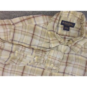 Brooks Brothers Shirt Mens XL Tan Brown Plaid Irish Linen Business Breathable